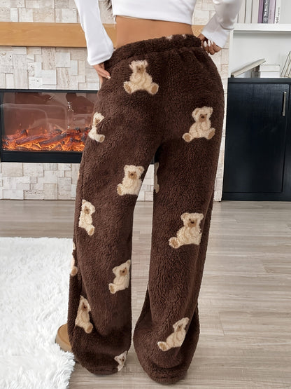 Pantalon de détente doux marron large avec motif ours en peluche