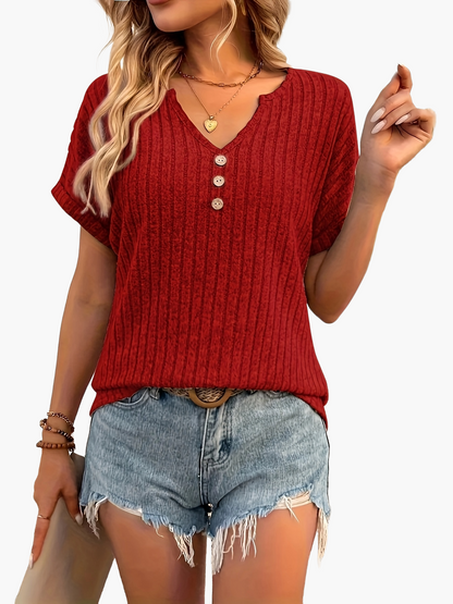 T-shirt décontracté à col en V pour femme, style estival avec boutons et manches courtes