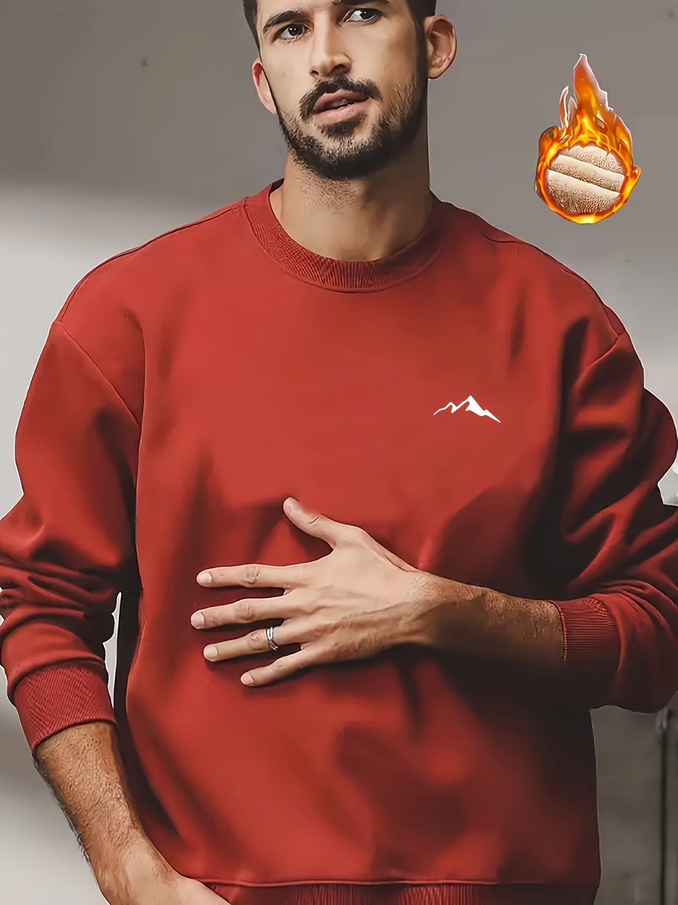 Sweat-shirt homme chaud col rond doublé molletonné avec motif montagne