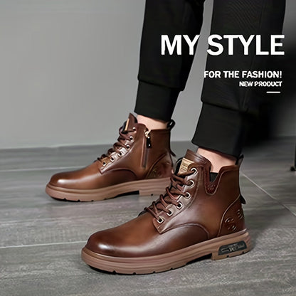 Bottes montantes homme marron foncé lacets, fermeture éclair latérale, semelle épaisse