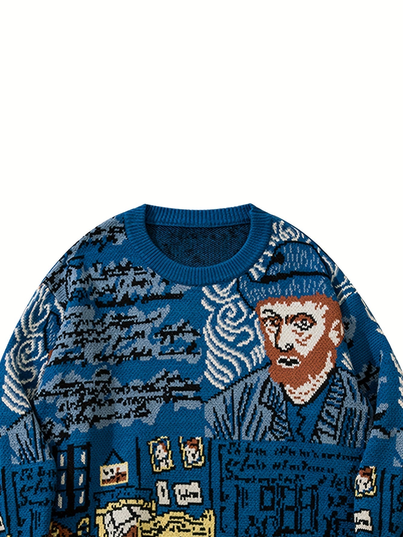 Pull en maille unisexe à motif artistique de portrait et chambre, col rond bleu