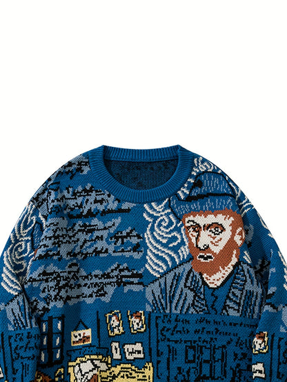 Pull en maille unisexe à motif artistique de portrait et chambre, col rond bleu