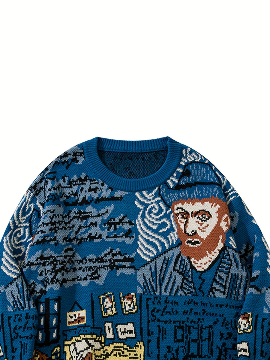 Uniseks gebreide trui met een artistiek portret- en kamermotief, ronde blauwe halslijn