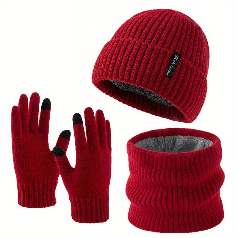 Ensemble Bonnet Écharpe Tour de Cou et Gants Unisexe Tricot Doublé Polaire Hiver