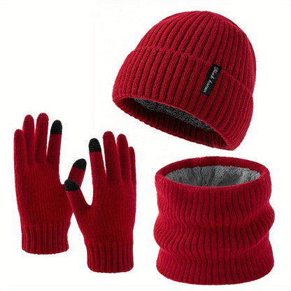 Ensemble Bonnet Écharpe Tour de Cou et Gants Unisexe Tricot Doublé Polaire Hiver