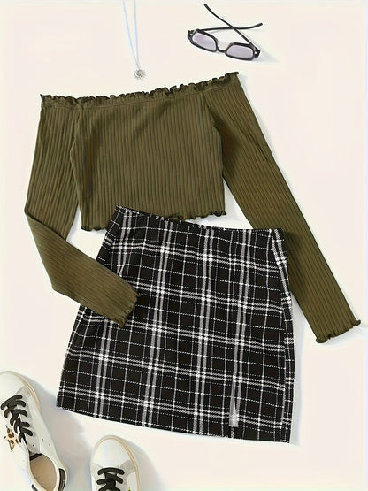 Conjunto de dos piezas para mujer estilo elegante falda a cuadros y top con hombros descubiertos para salidas primaverales y estivales