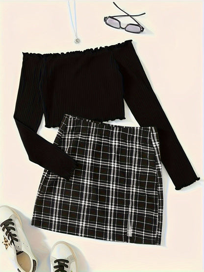 Conjunto de dos piezas para mujer estilo elegante falda a cuadros y top con hombros descubiertos para salidas primaverales y estivales
