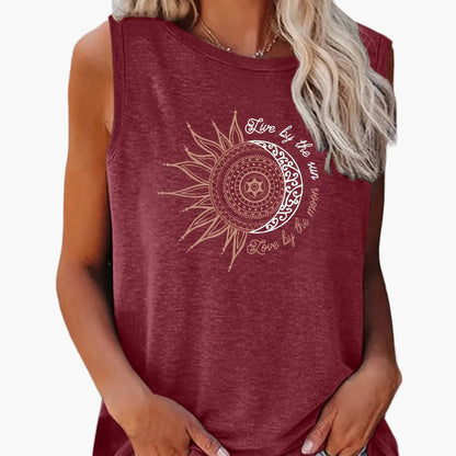 Dame top i boheme-stil med grafisk sol og måne, afslappet sommer, ung trend