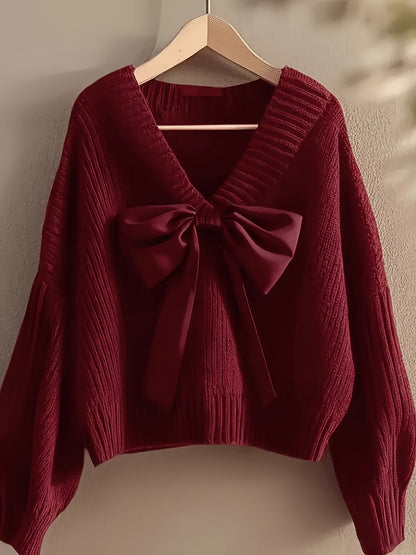 Pull en maille côtelée col V avec grand nœud décoratif pour femme