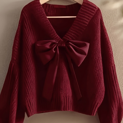 Pull en maille côtelée col V avec grand nœud décoratif pour femme