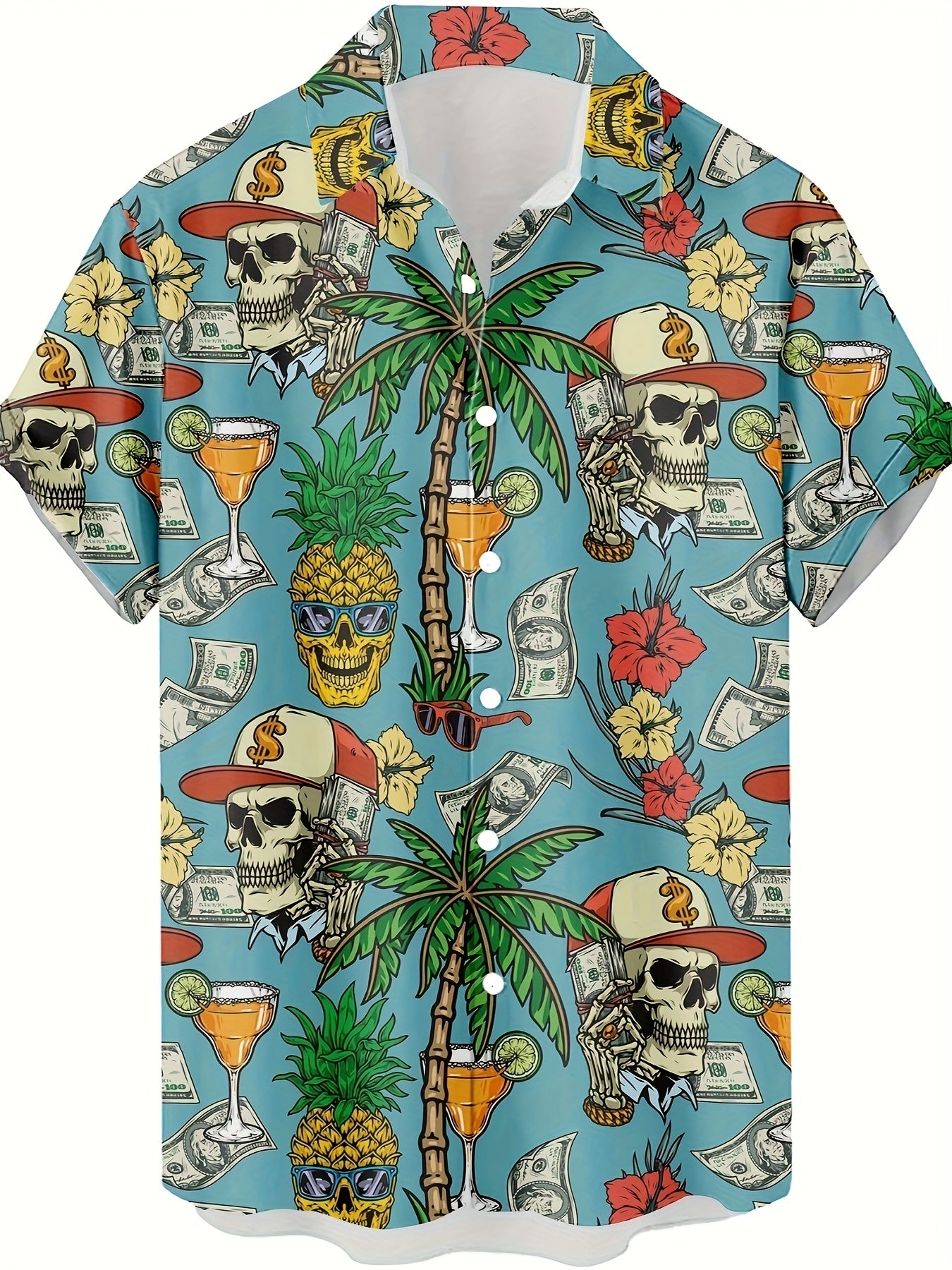 Hawaiihemd für Herren mit tropischem Motiv, Totenkopf und Dollarzeichen – lässiger Sommer-, Strand- und Urlaubsstil  
