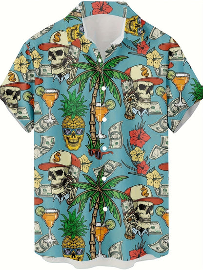 Hawaiihemd für Herren mit tropischem Motiv, Totenkopf und Dollarzeichen – lässiger Sommer-, Strand- und Urlaubsstil  