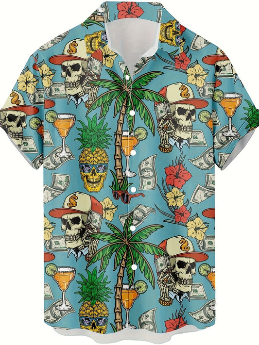 Chemise hawaïenne homme motif tropical, crâne et dollars – style décontracté été, plage, vacances