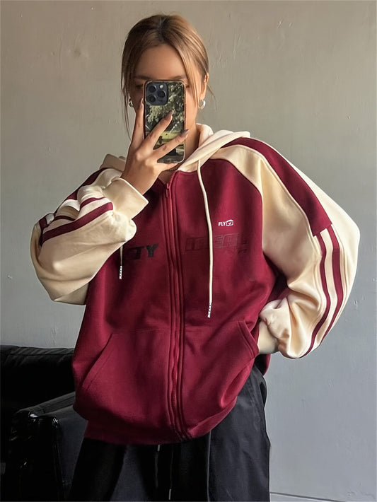 Sweat à Capuche Zippé Bicolore Rouge Bordeaux Crème avec Rayures Sportif