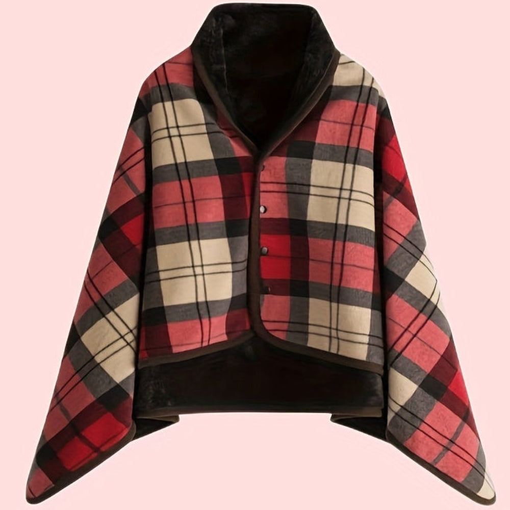 Women's Plaid Snap Button Fleece Lined Poncho Cape