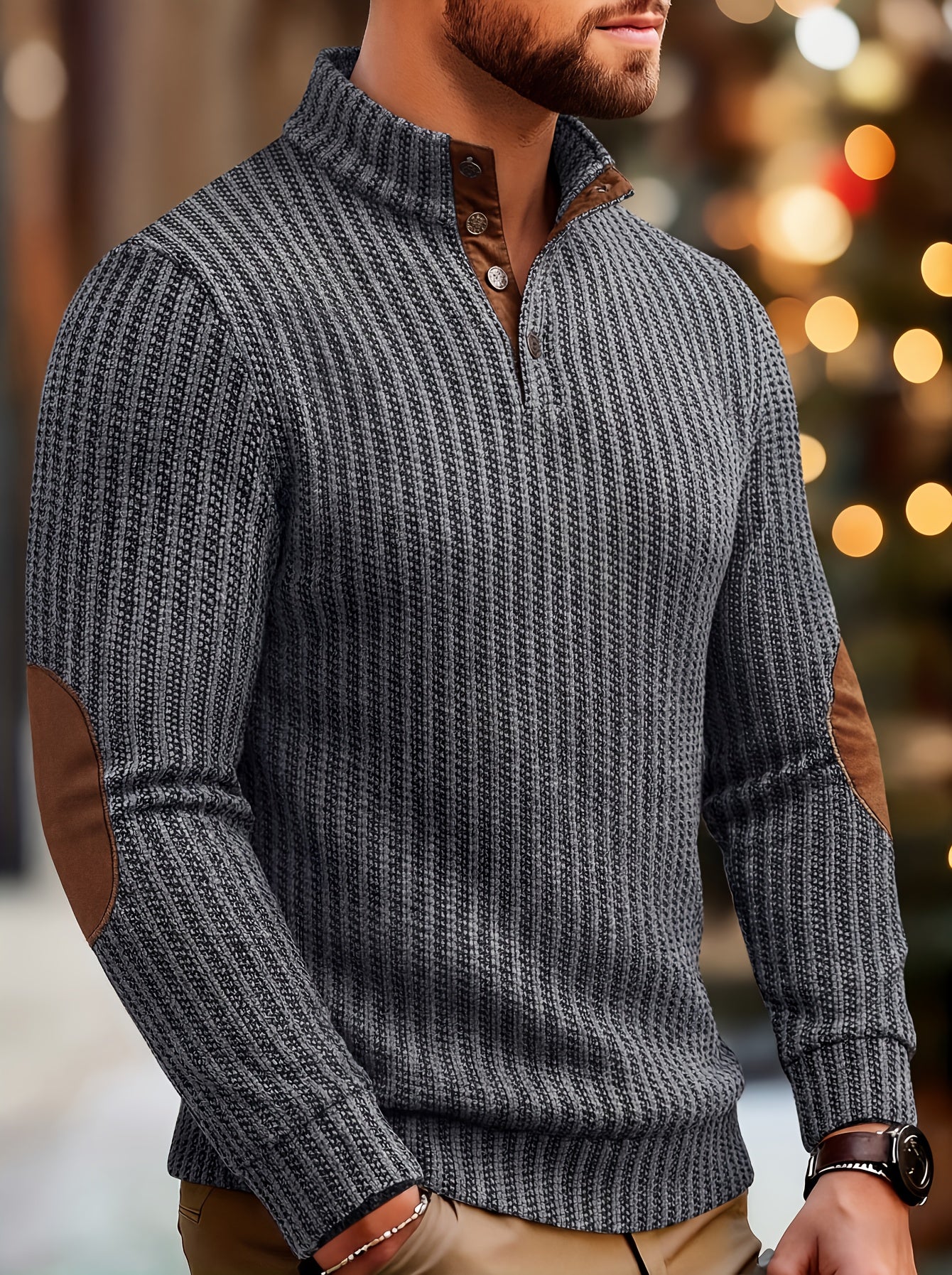 Pull homme à col montant boutonnable, motif tissé et empiècements aux coudes