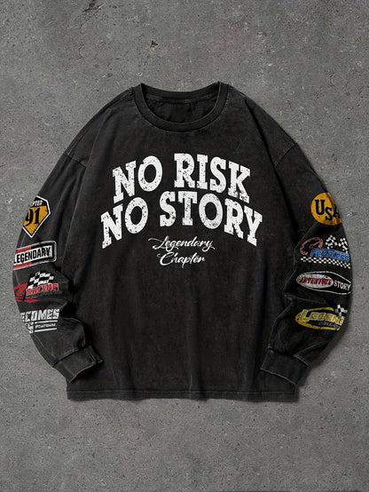 Sweat-shirt Homme ample noir délavé imprimé texte et écussons style racing