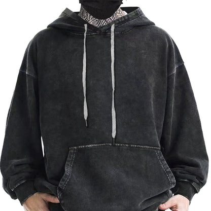 Sweat à Capuche Unisexe Gris Foncé Délavé avec Poche Kangourou