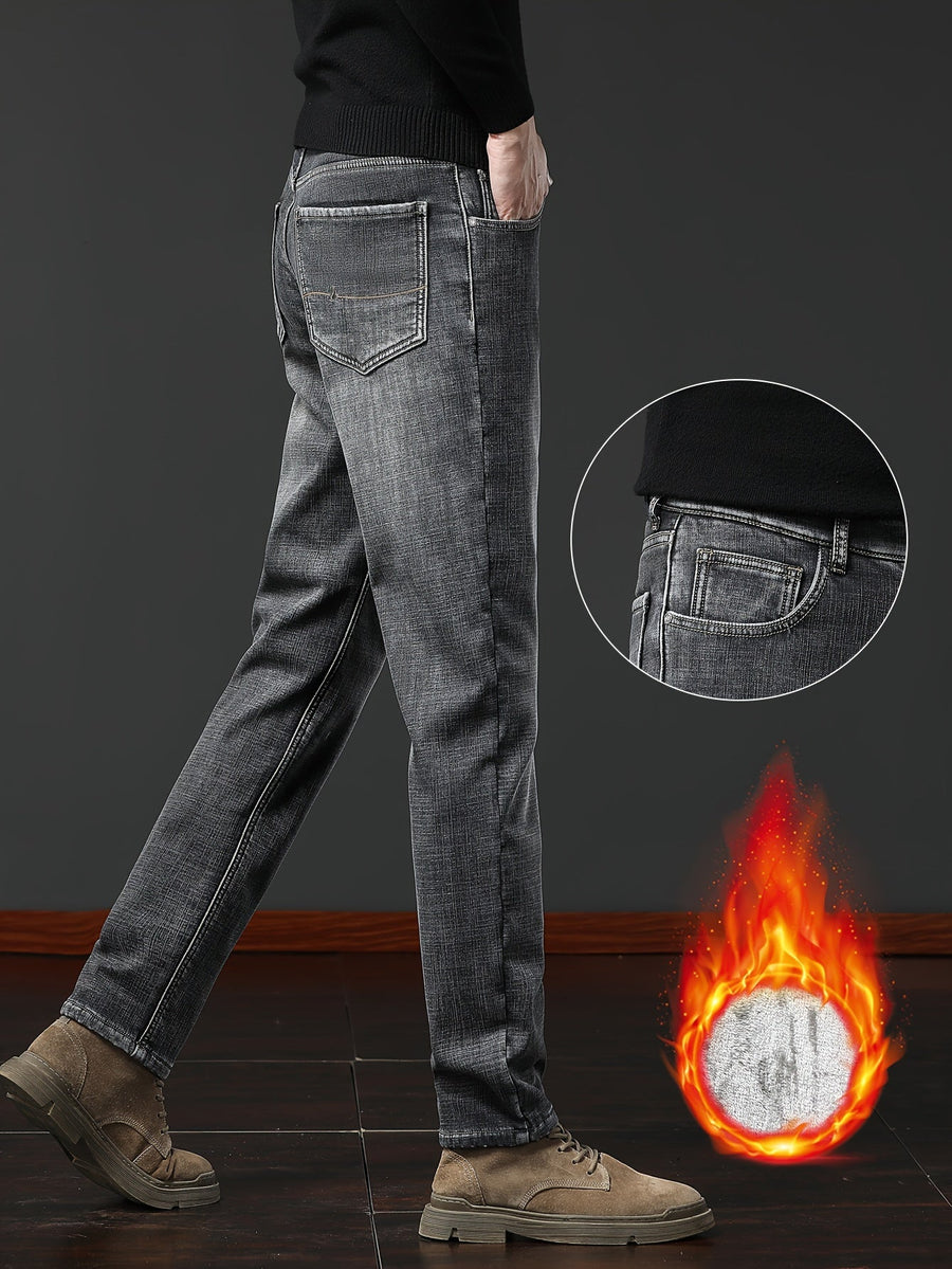 Herrejeans med fleecefor, lige snit, afslappet stil, blå eller grå