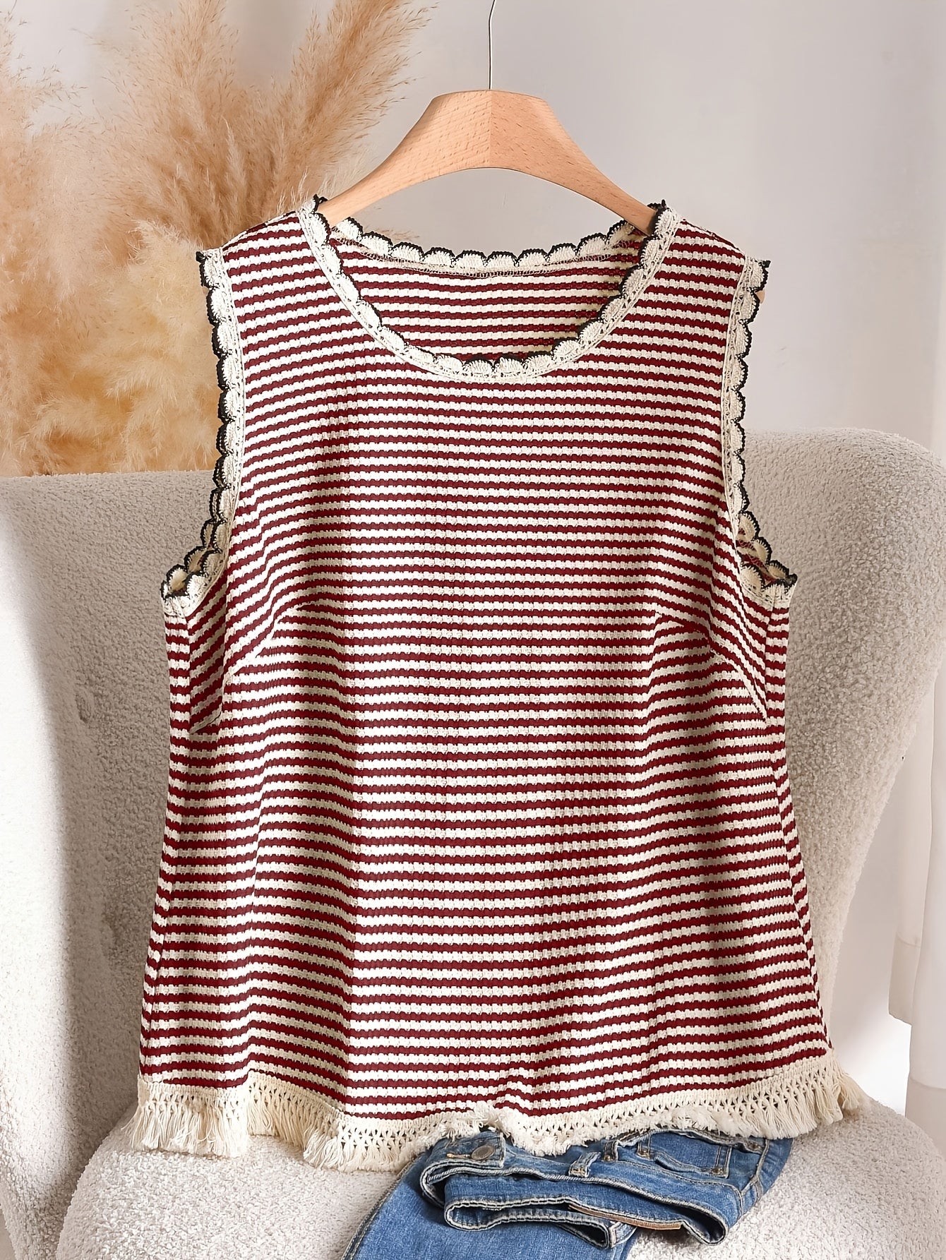 Dames tanktop grote maat elegante stijl met strepen en franjes, voor lente en zomer