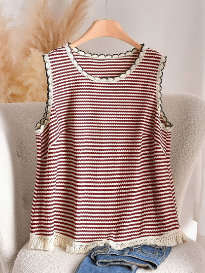 Dames tanktop grote maat elegante stijl met strepen en franjes, voor lente en zomer