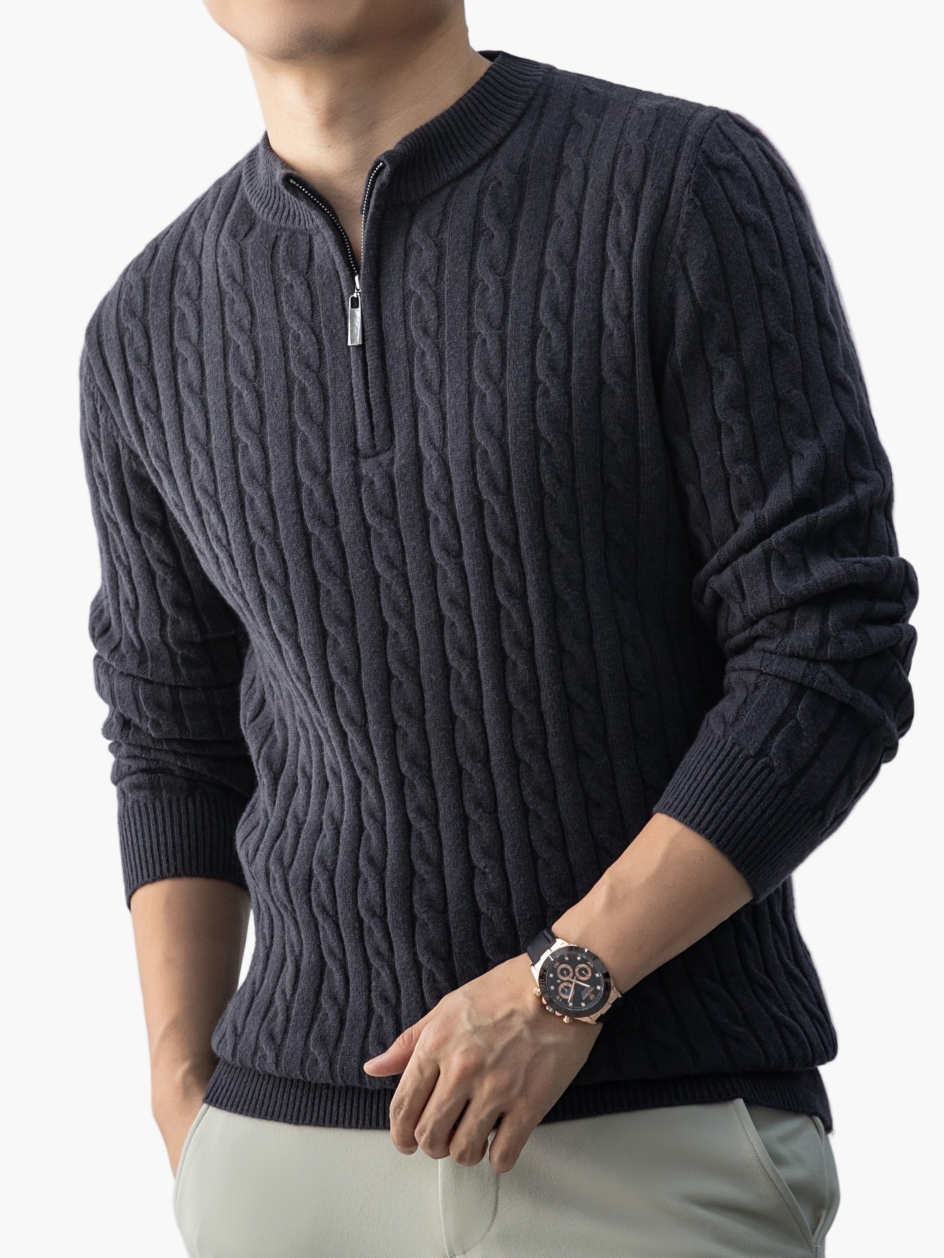 Pull à Col Montant Zippé Homme Style Casual Motif Torsadé pour Automne Hiver