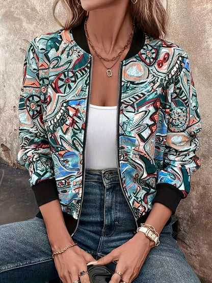 Lässige Damen-Bomberjacke mit grafischem Muster, Urlaubsstil