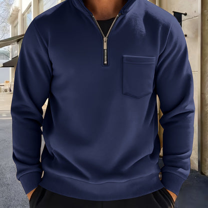Sweat-shirt Homme Col Montant Zippé avec Poche Poitrine Couleur Unie