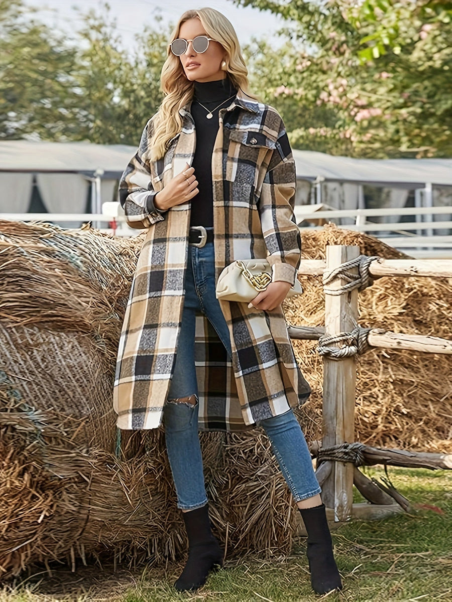 Women's Long Plaid Shirt-Style Coat with Chest Pockets and Relaxed Fit