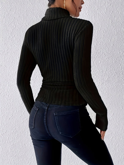 Haut côtelé à col montant pour femme, manches longues, ajusté, vert kaki, gris clair et beige