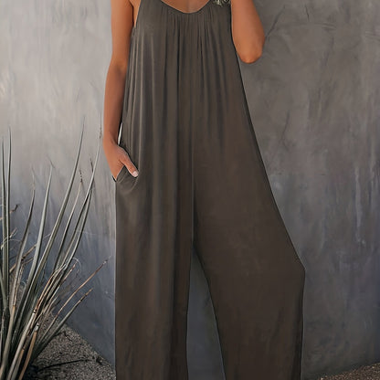 Mono holgado casual para mujer estilo verano con tirantes finos y bolsillos – Look chic y cómodo para vacaciones o ciudad