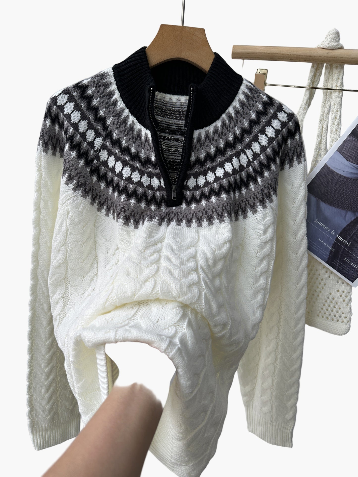 Męski sweter z półzamkiem i stójką w stylu nordyckim casual na zimę