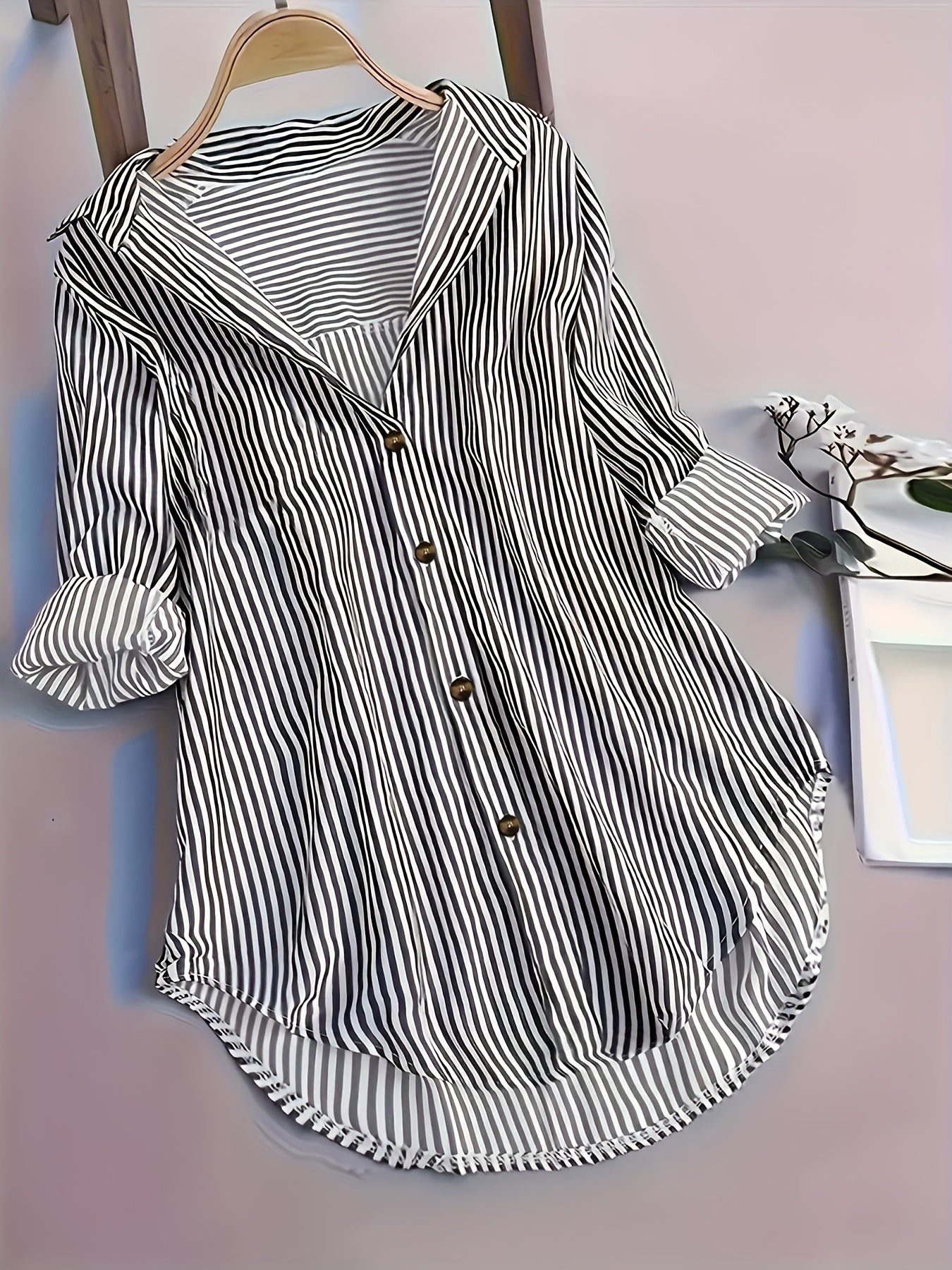 Camicia lunga a righe stile casual da donna, maniche lunghe, ideale per tutti i giorni