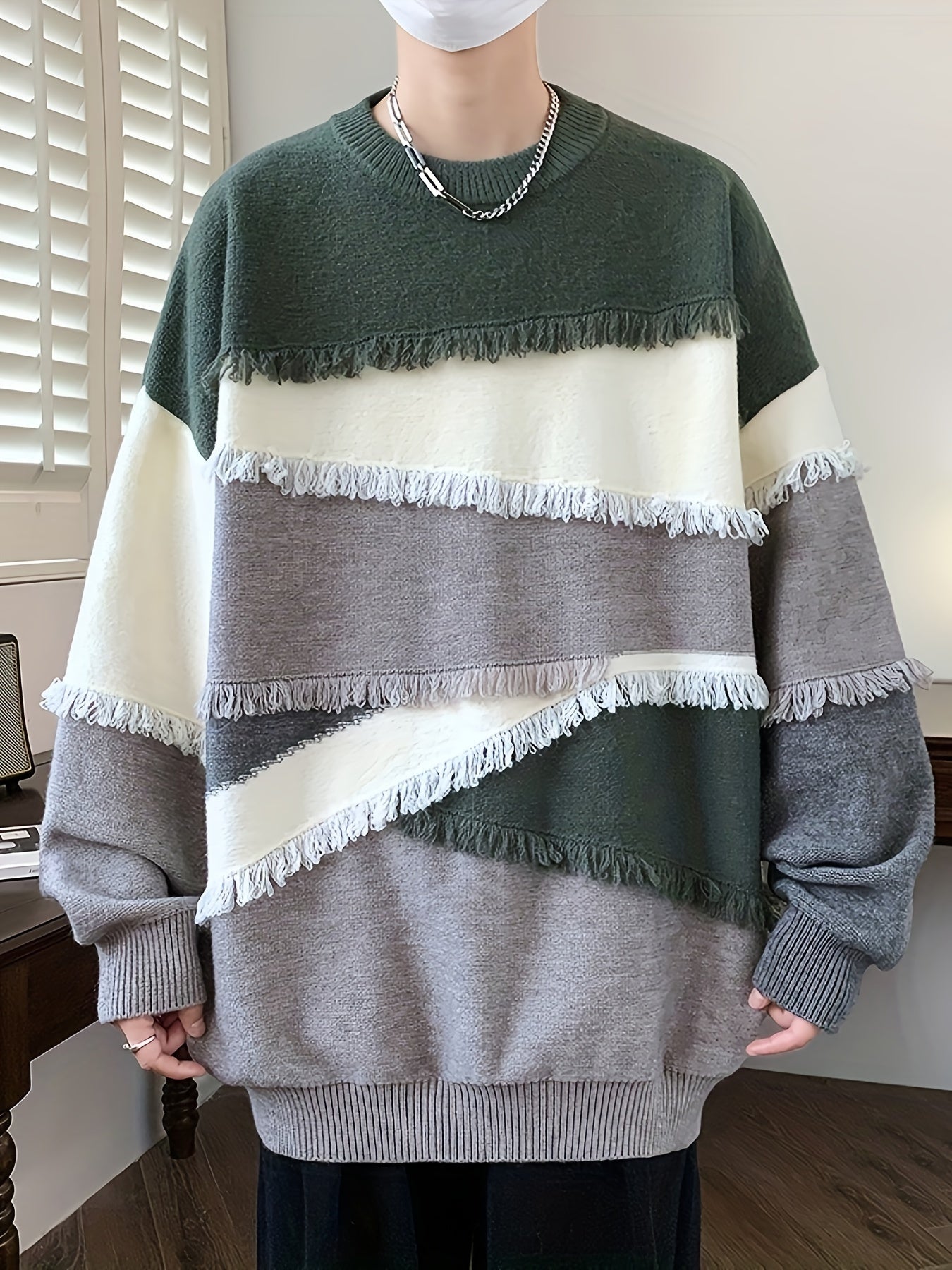 Pull Homme Col Rond Color Block à Franges Tricoté Décontracté