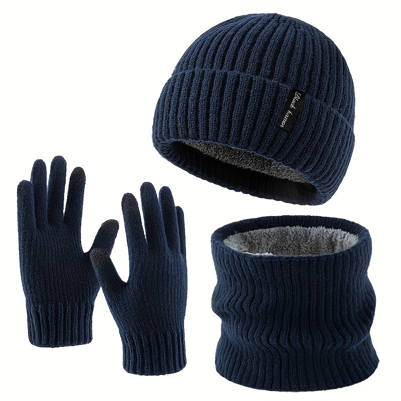 Ensemble Bonnet Écharpe Tour de Cou et Gants Unisexe Tricot Doublé Polaire Hiver