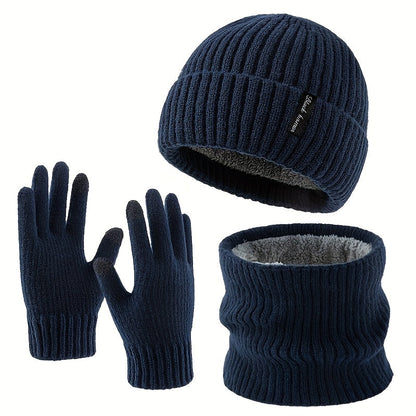 Ensemble Bonnet Écharpe Tour de Cou et Gants Unisexe Tricot Doublé Polaire Hiver