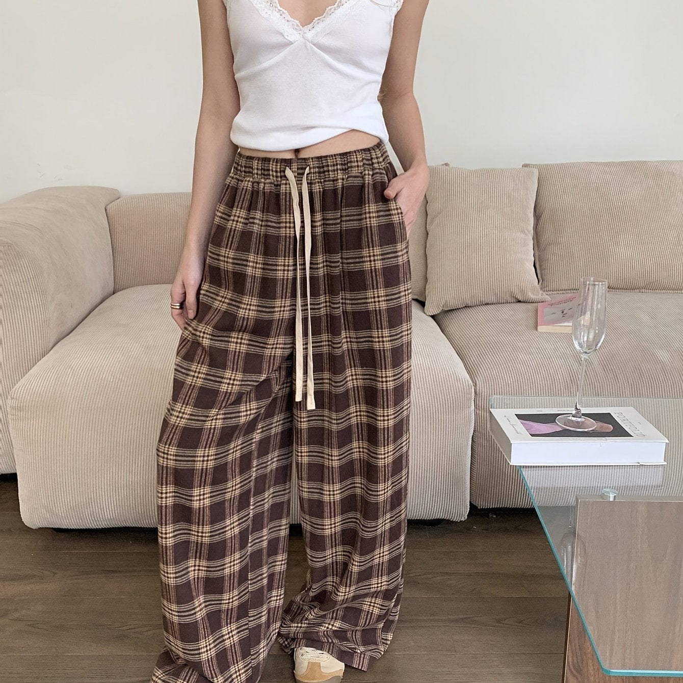 Pantalon de Pyjama Femme Carreaux Marron et Beige Ample avec Cordon
