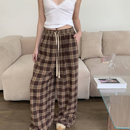 Pantalon de Pyjama Femme Carreaux Marron et Beige Ample avec Cordon