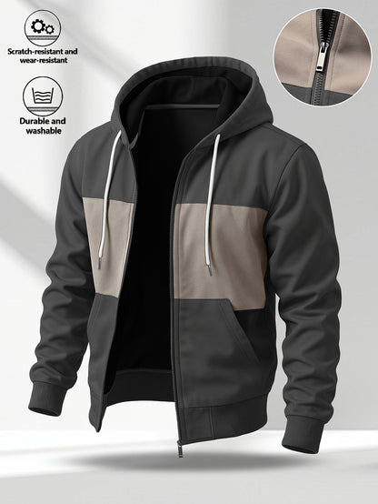 Sweat à capuche zippé bicolore pour homme avec poches latérales et cordon de serrage