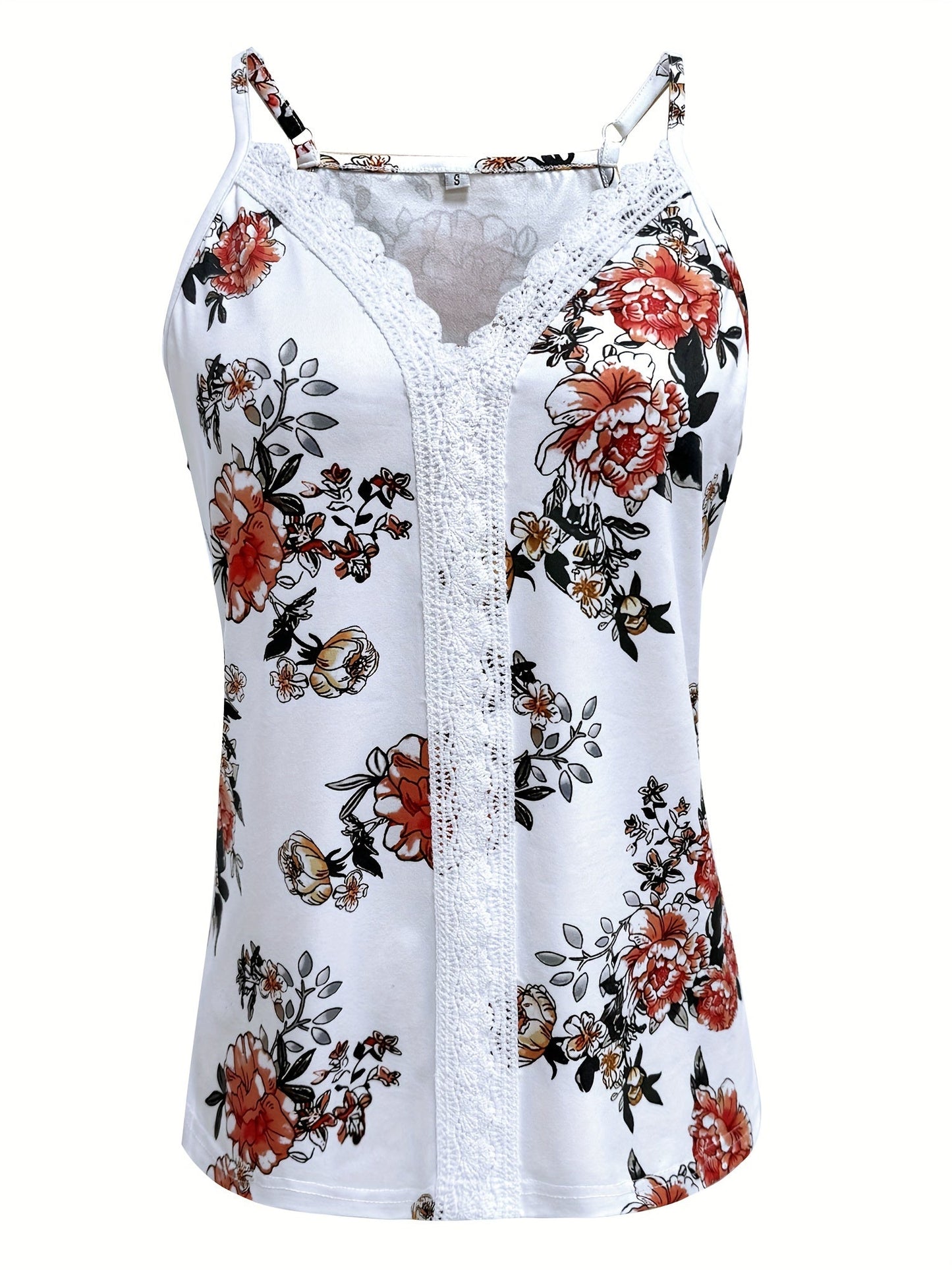 Top donna stile sexy con spalline sottili, motivo floreale e pizzo – ideale per l’estate e i momenti casual