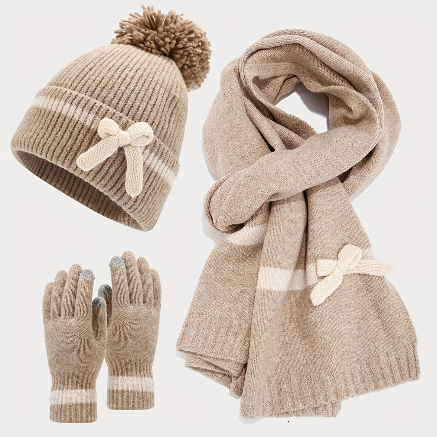 Ensemble Bonnet Écharpe Gants Tricoté Hiver avec Nœud Décoratif et Pompon pour Femme