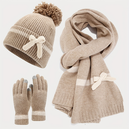 Ensemble Bonnet Écharpe Gants Tricoté Hiver avec Nœud Décoratif et Pompon pour Femme