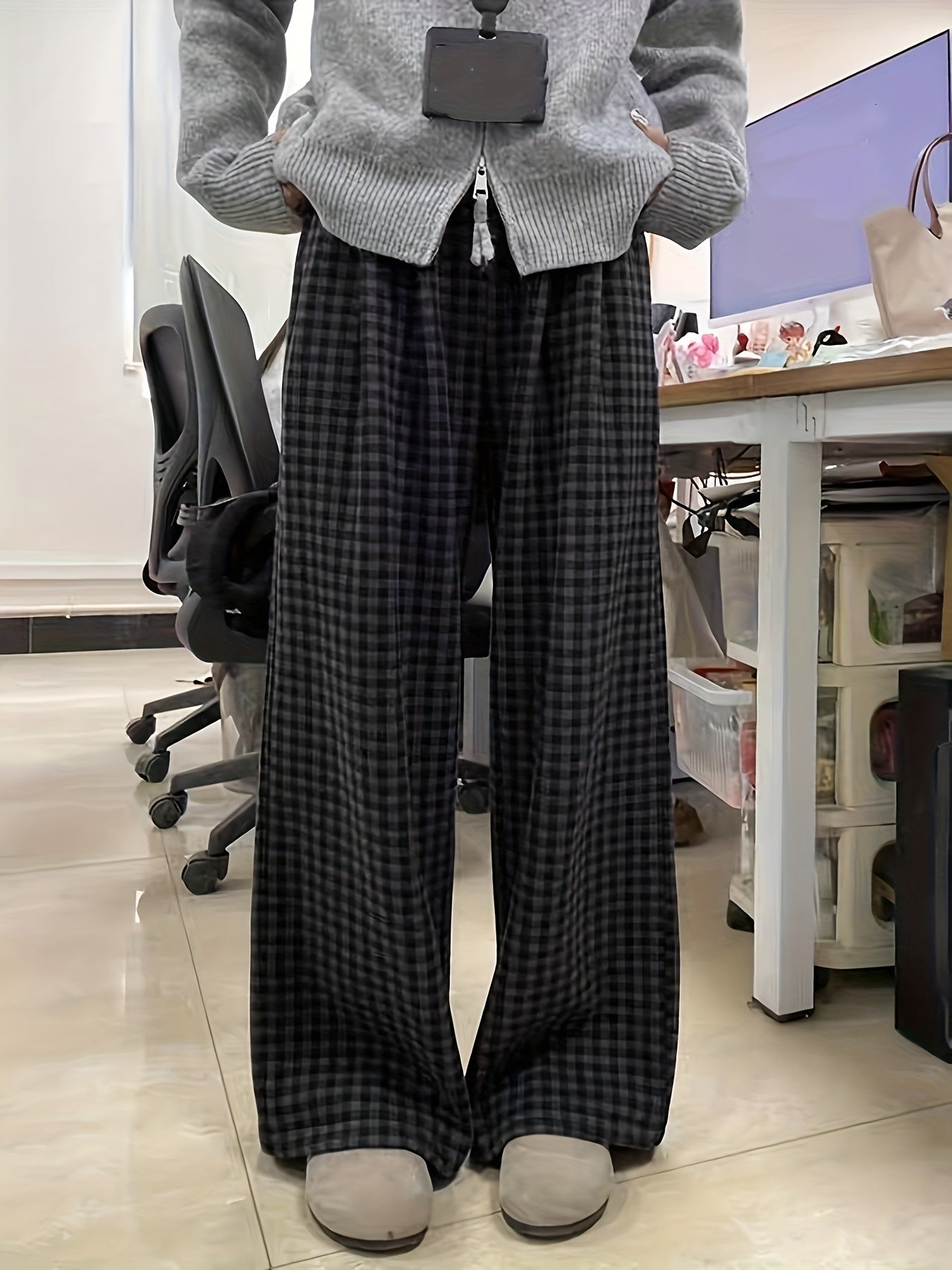 Pantalon large à carreaux Vichy noir et gris avec taille élastique et cordon