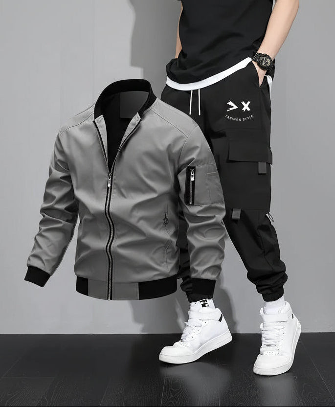 Ensemble décontracté pour homme, style urbain, veste bomber et pantalon cargo, idéal pour le printemps et l’automne