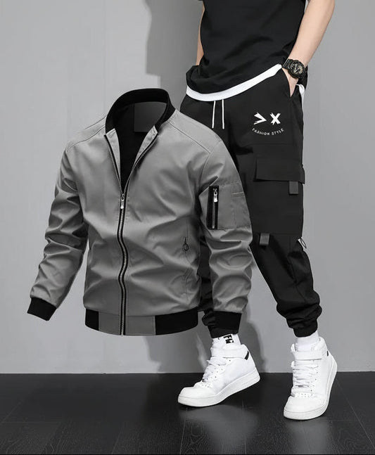 Ensemble décontracté pour homme, style urbain, veste bomber et pantalon cargo, idéal pour le printemps et l’automne