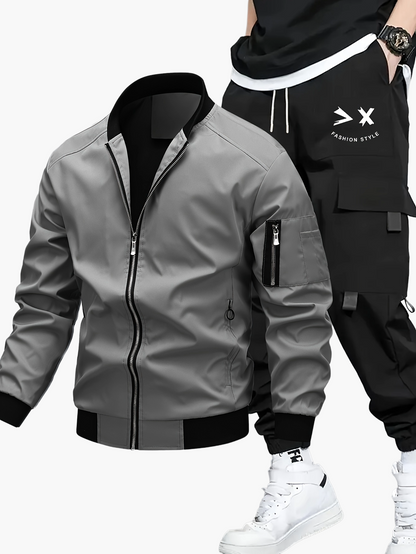 Ensemble décontracté pour homme, style urbain, veste bomber et pantalon cargo, idéal pour le printemps et l’automne