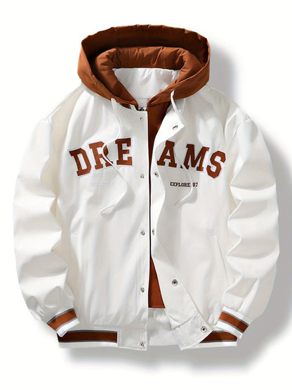 Veste universitaire bicolore blanche et marron pour homme avec capuche et inscription "DREAMS"