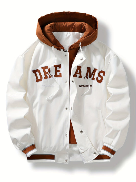 Veste universitaire bicolore blanche et marron pour homme avec capuche et inscription "DREAMS"