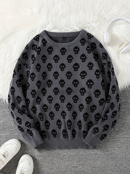 Pull col rond à motif têtes de mort en tricot doux