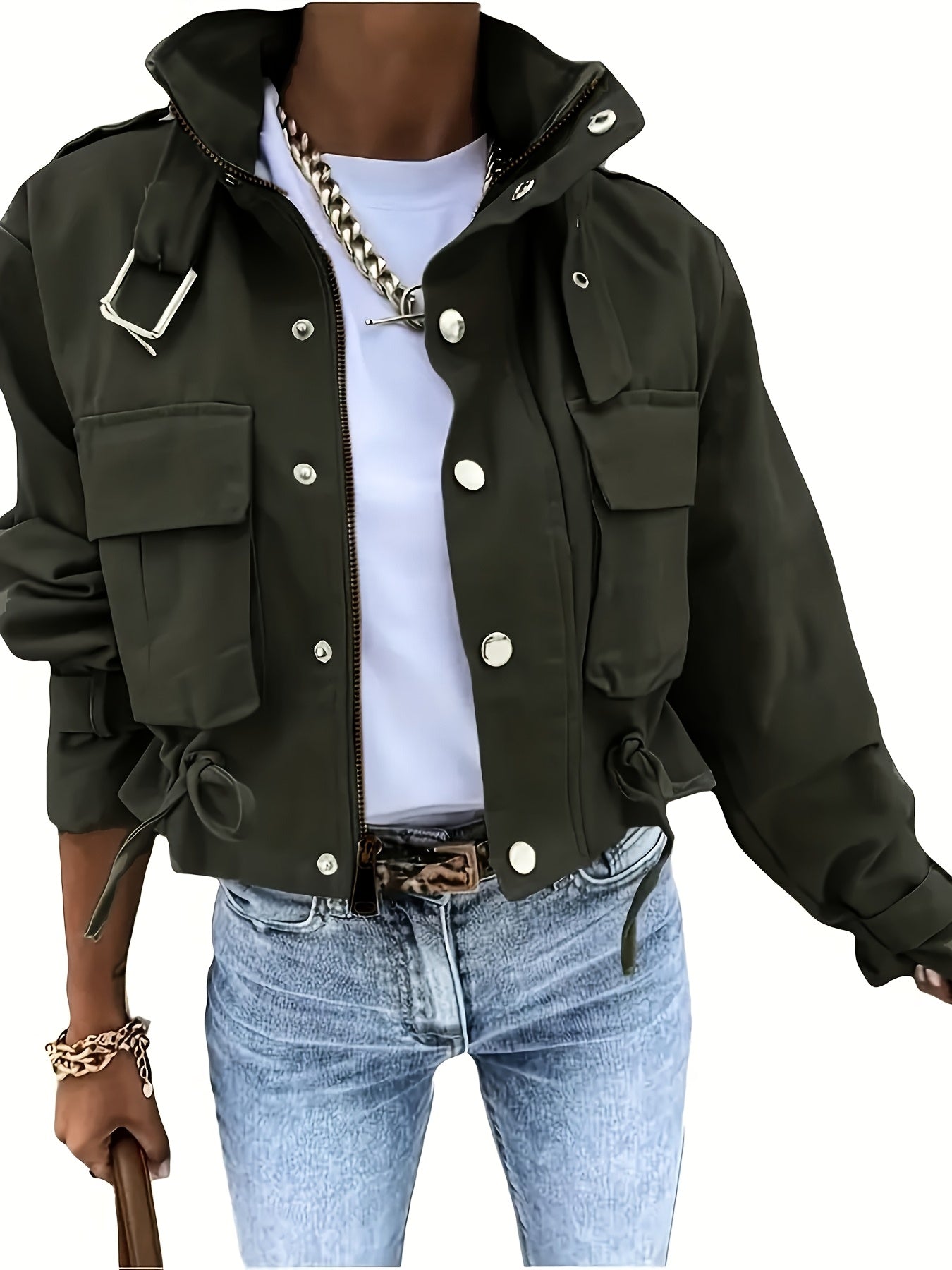 Veste Courte Cargo pour Femme à Boutons et Ceinture Boucle Couleur Unie